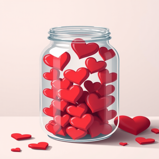 Create an illustration of a glass jar filled with a variety of red hearts of different sizes, take the shot with a Canon EOS R5, aperture f/2.8, shutter speed 1/60s, ISO 200, in a top-down view, high-resolution vector style for a clean and polished look.