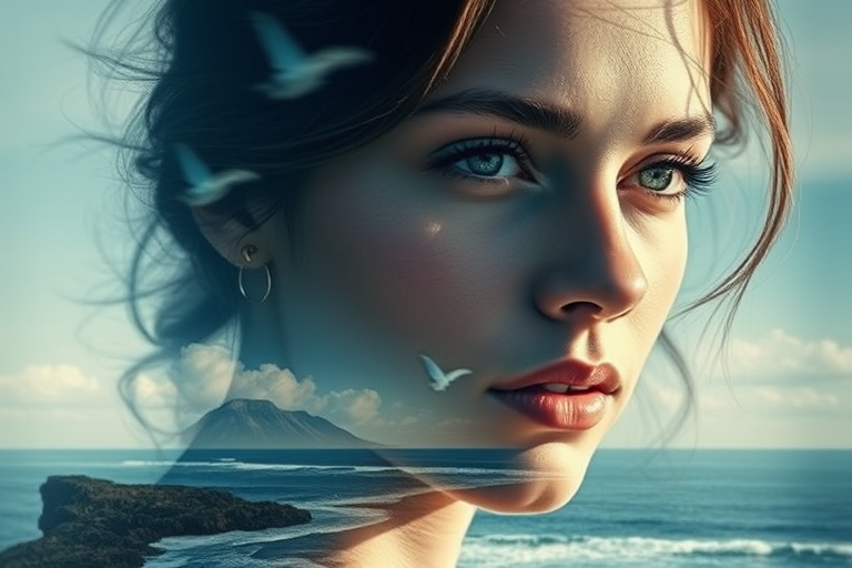create Book cover, A surreal double exposure portrait that blends a woman's face with a beautiful seascape. The overall mood is dreamy and mystical, with rich colors and intricate details