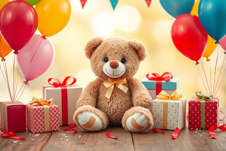 A cute teddy bear sitting on a wooden platform surrounded by colorful balloons and festive gifts, captured with a 50mm lens, f/2.8 aperture, ISO 100, in soft natural lighting, using a DSLR camera with a shallow depth of field to enhance the image quality.