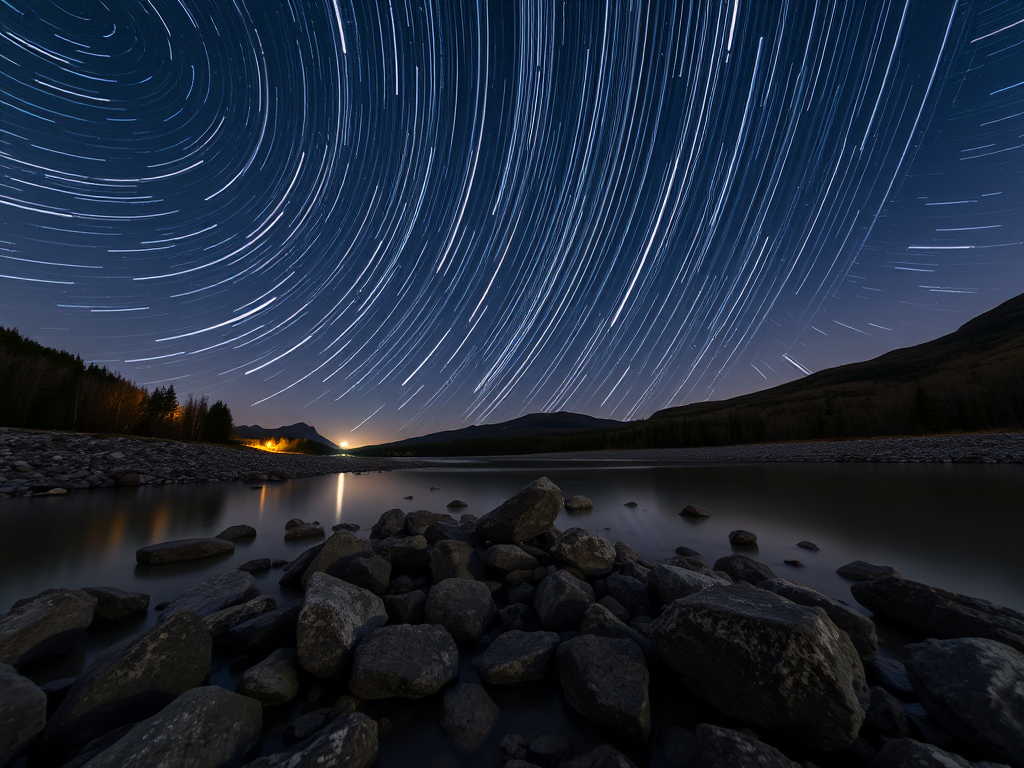 Create a night landscape capturing star trails over a river with a foreground of rocks, using a long exposure of 30 seconds at f/2.8, ISO 800, wide-angle lens, shot from a low angle to include reflections in the water, in a high dynamic range style.