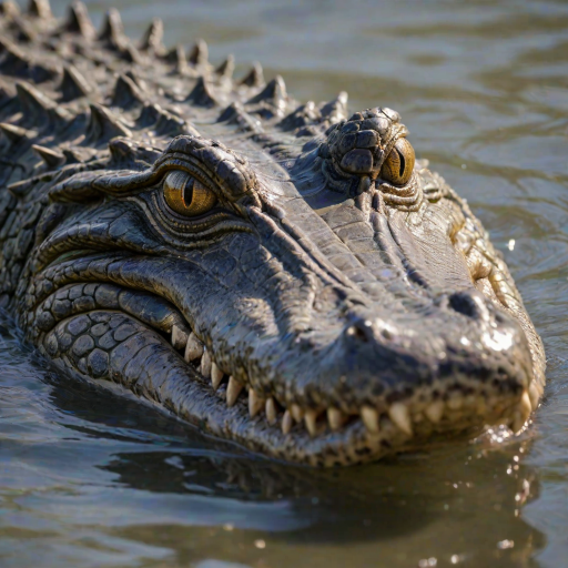 a close-up of a crocodile's head partially submerged in water, showcasing its textured skin and piercing eyes, with a blurred natural background