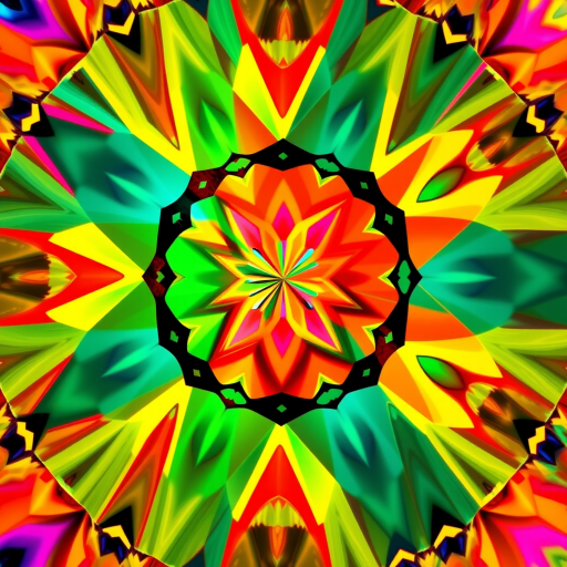 Create a vibrant abstract image with bright colors and geometric patterns, using a DSLR camera, ISO 100, f/8 aperture, 24mm lens, shot from a high-angle view, with a focus on sharp details and enhanced saturation.