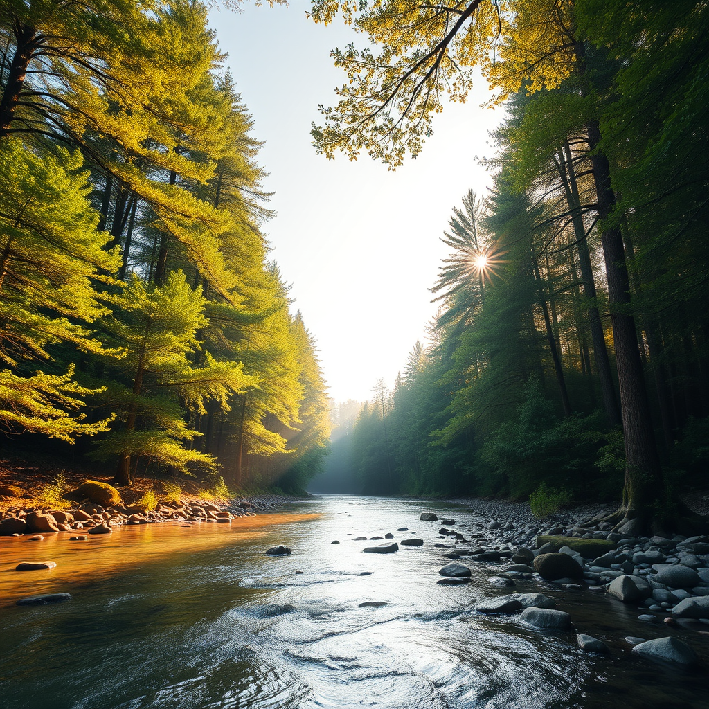 Create an image of a serene, sunlit forest scene with a clear, gently flowing river. Tall trees with lush green foliage line both sides of the river, their leaves bathed in the warm golden light of the setting or rising sun. The sunlight filters through the trees, casting soft, dappled light on the river, which flows over smooth rocks and pebbles, creating a peaceful, natural atmosphere. The sky is bright with a few scattered clouds, and the overall mood is tranquil, evoking a deep sense of connection with nature. The image captures the beauty of a calm, pristine forest landscape at either dawn or dusk.