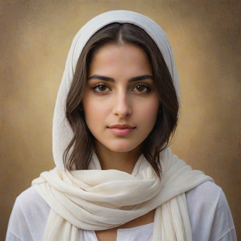 Create a portrait of a young Chaldean female with long, dark hair and captivating hazel eyes. She is wearing a white headscarf and a matching scarf draped gracefully around her neck. The background is softly blurred, focusing attention on her serene and natural expression. The overall color palette is muted and warm, enhancing the intimate and authentic feel of the portrait.