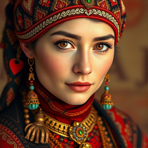 Create a portrait of a beautiful Sami woman with striking red eyes and a gentle expression. She is adorned in traditional attire with intricate patterns, including a richly embroidered headscarf and matching garments. Her jewelry includes a delicate headpiece, dangling earrings, and ornate bracelets, all featuring vibrant gemstones and detailed metalwork. The background is soft and warm, enhancing the rich colors of her outfit and jewelry.