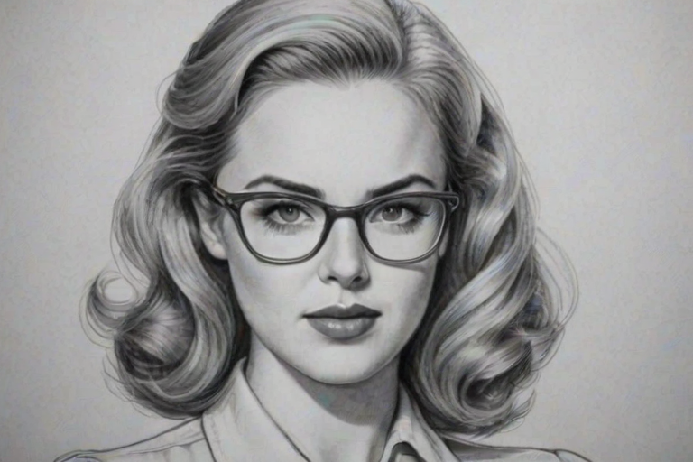 Enchanting Amanda Schull, pencil sketch, portrait of Stunning woman 1940s in glasses, hair style beatnik, outline, clear lines, fine lines, 8k