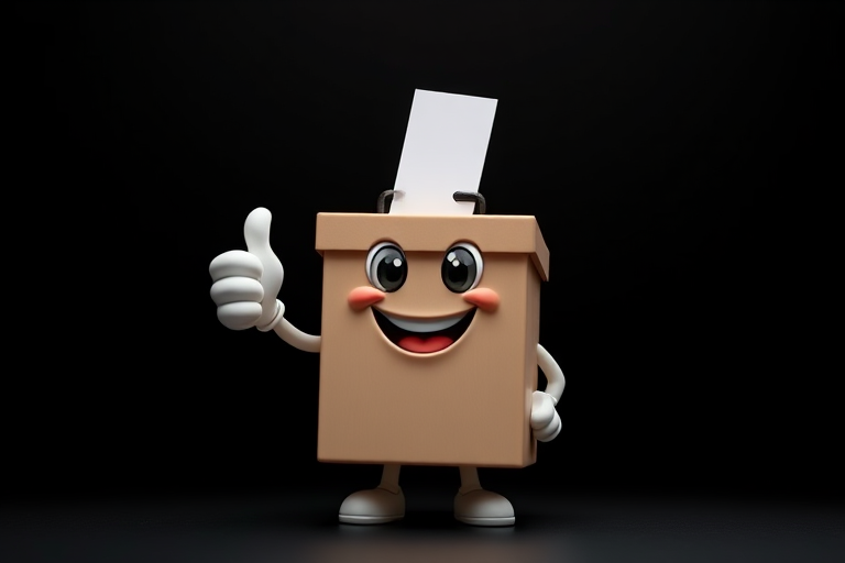 Create a high-resolution cartoon image of a happy ballot box character with a thumbs up, against a plain black background, using a wide-angle lens at f/8 for depth of field, with soft lighting to enhance features, captured with a digital SLR camera.