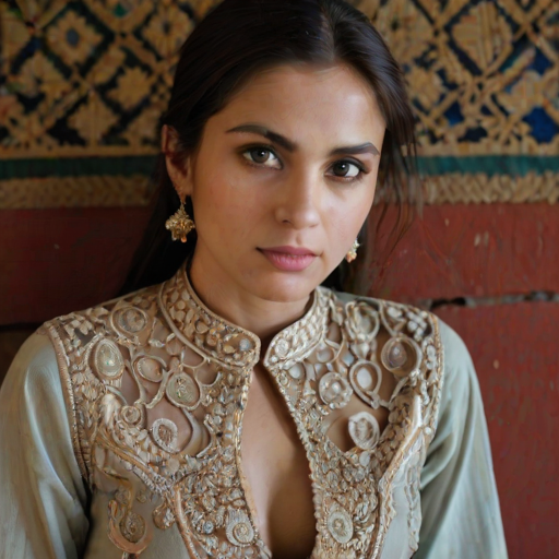 Face, shoulders, chest covered in openwork Pakistani embroidery. Raw, unedited image.
