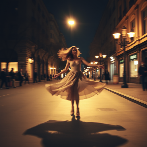 Blurry action shot of a dancer spinning in a flowing dress on a city street at night, soft golden light from nearby streetlamps casting long shadows, with distant pedestrians watching from the sidewalk.
