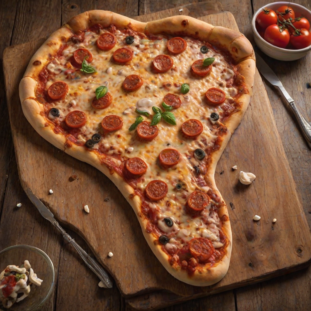 Pizza shaped like giant human foot. Golden-brown crust mimics skin texture and toenails. Tomato sauce and melted cheese cover 'sole'. Various toppings scattered realistically. Soft side lighting highlights textures. Served on rustic wooden table. Closeup view.