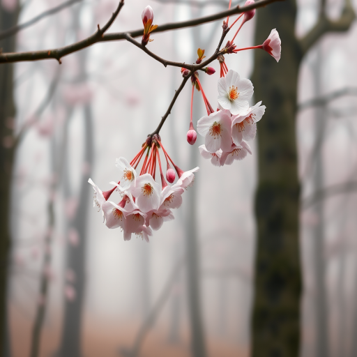 Generate an elegant illustration of cherry blossoms hanging from a branch in a misty forest setting, with soft pastel colors and a serene atmosphere, using a Canon EOS R5, f/2.8 aperture, 35mm lens, ISO 100, in a portrait orientation for a rich depth of field.