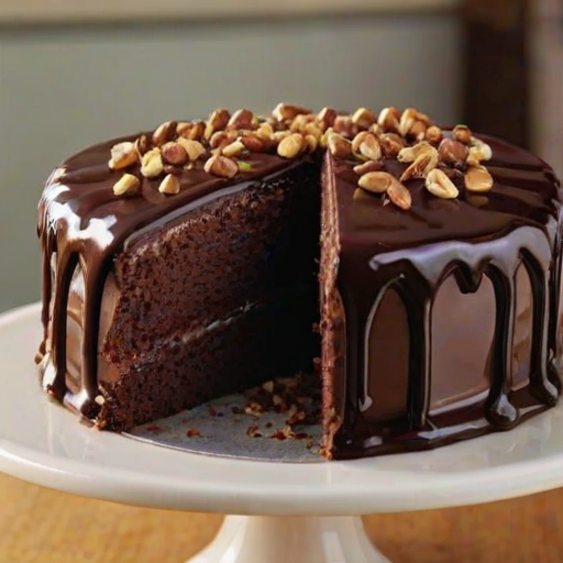 Create a rich and decadent chocolate cake with multiple layers, each filled with smooth chocolate ganache and topped with a glossy chocolate glaze. Add a sprinkle of crunchy nuts or chocolate pieces on top for texture. The setting should be warm and inviting, with soft lighting to enhance the cake's luxurious appearance.