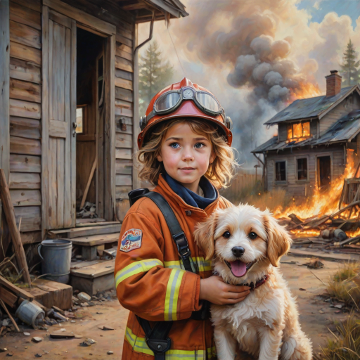 airbrushed oil painting, pixar style, cute little girl in fireman gear, helmet, tousled hair, expressive eyes, standing in the doorstep of a cottage burning behind him, holding a cute little dog in her arm, atumn sky