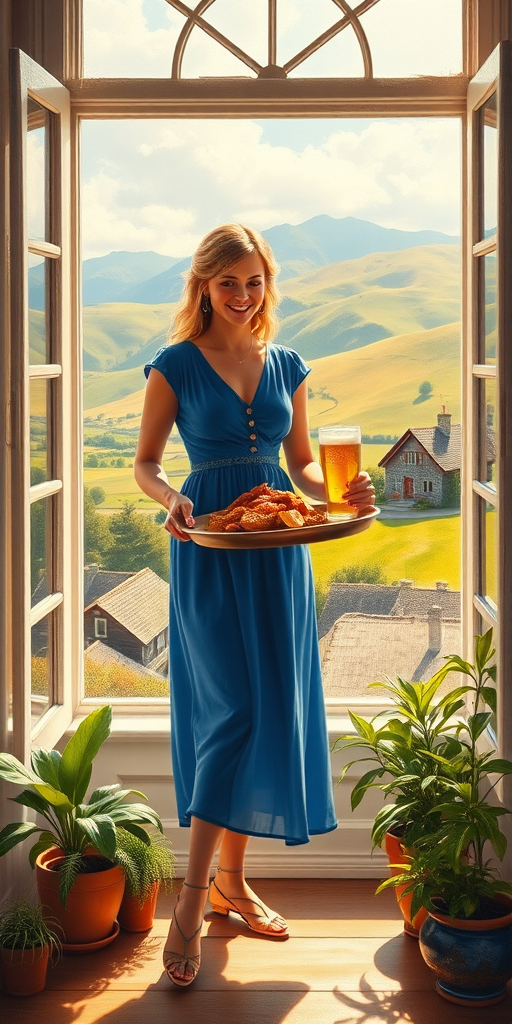 In "A Glass of Beer on the Highland," a serene scene is depicted in a sunlit room where a woman in a vibrant blue dress stands by a large window. She holds a tray with a hearty meal and a frothy glass of beer, embodying a moment of relaxation. Outside, the breathtaking highland landscape features rolling green hills and a charming traditional house, all bathed in warm afternoon light. The interior is adorned with potted plants, creating a harmonious blend of comfort and nature. The painting beautifully captures the tranquility and joy found in simple pleasures amidst stunning scenery