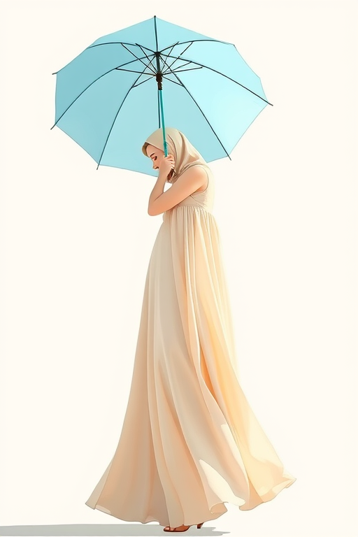 Create an illustration of a woman in a long, flowing beige dress holding a light blue umbrella, standing gracefully with a soft pose, using a Canon EOS 5D Mark IV, 50mm lens, f/1.8 aperture, ISO 100, natural lighting, captured from a slight low angle for a more dynamic perspective.
