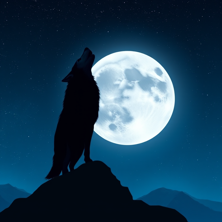 create a digital artwork of a wolf howling on a mountain silhouette against a large full moon in a starry night sky, use a wide-angle lens perspective, enhance colors with high contrast, 4K resolution, f/2.8 aperture, low ISO 100, soft lighting, and smooth gradients in the sky.