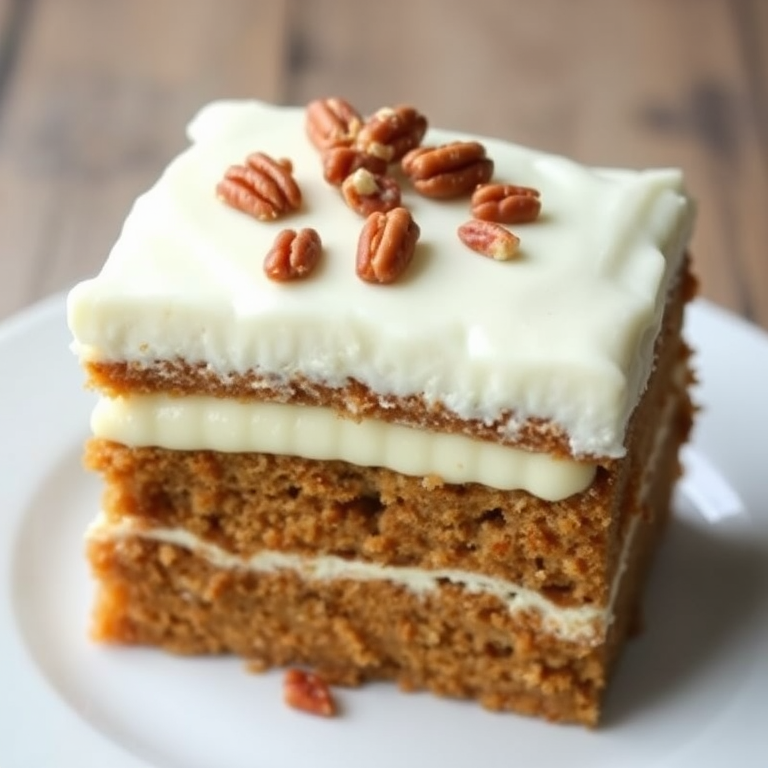 A slice of moist carrot cake layered with creamy cheesecake filling topped with smooth white frosting and sprinkled with chopped pecans served on a white plate with a rustic background.