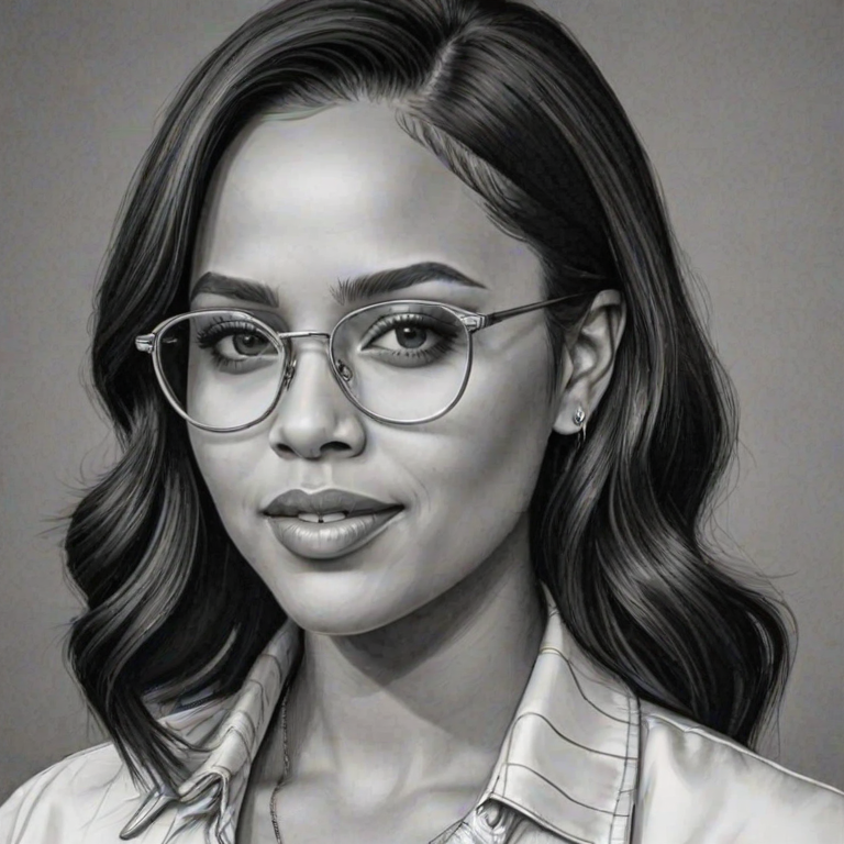 Attractive Ayesha Curry, pencil sketch, portrait of Magnificent woman 1959s in glasses, hair style beatnik, outline, clear lines, fine lines, 8k