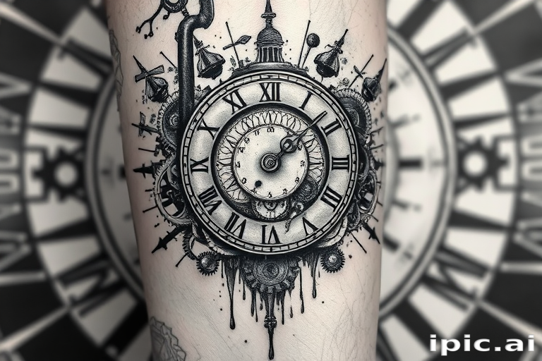 Surrealist blackwork tattoo called "Temporal Illusion" portraying a melting clock face intertwined with anatomically correct gears and cogs, juxtaposed against a backdrop of stark geometric patterns, creating a powerful visual metaphor for the passage of time, ideal for forearm or calf placement