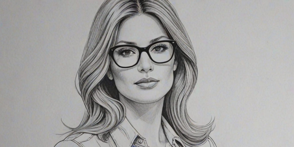 Graceful Daisy Fuentes, pencil sketch, portrait of Captivating woman 1970s in glasses, hair style beatnik, outline, clear lines, fine lines, 8k