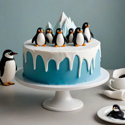 Create an image of a cake designed to resemble an iceberg, featuring several cute penguins on top. The cake should be covered in a smooth, light blue fondant to mimic ice, with a glossy finish. The penguins should be small and made of fondant, with black and white coloring, positioned playfully on the cake. Include a small piece of ice and a few penguins peeking out from behind the iceberg for added detail. The cake should be displayed on a simple white cake stand against a neutral background.