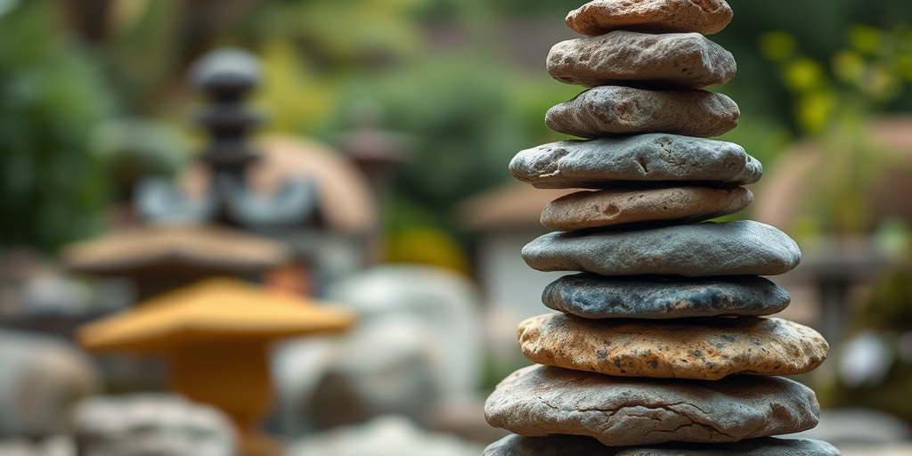 Capture a close-up of a stacked stone tower in a zen garden, with soft focus on the background, using a DSLR camera at f/2.8 aperture, ISO 100, 1/200 sec shutter speed, and a 50mm lens for enhanced detail and texture.