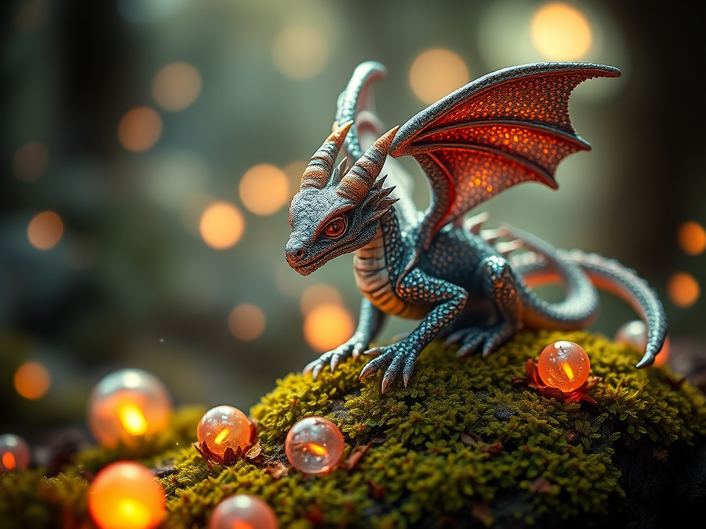 Regenerate a high-resolution image of a glittery dragon perched on moss with glowing orbs around it in a mystical forest setting, using a DSLR camera with a 50mm lens, aperture set to f/1.8, ISO 200, shutter speed 1/100 sec, soft focus effect with warm lighting and enhanced colors.