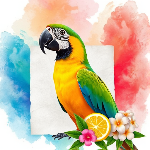 Create a vibrant illustration featuring a tropical parrot beside a blank piece of textured paper with a lemon slice and flowers against a colorful, watercolor background, using a Canon EOS R5 with a 24-70mm f/2.8 lens, aperture set to f/8, ISO 200, 1/125 shutter speed, and natural lighting for enhanced image quality.