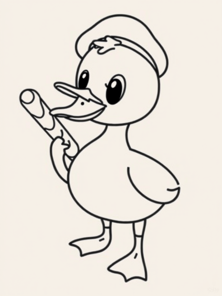 Draw a cartoon duck wearing a beret holding a baguette in its wing with a simple black outline style on a white background.