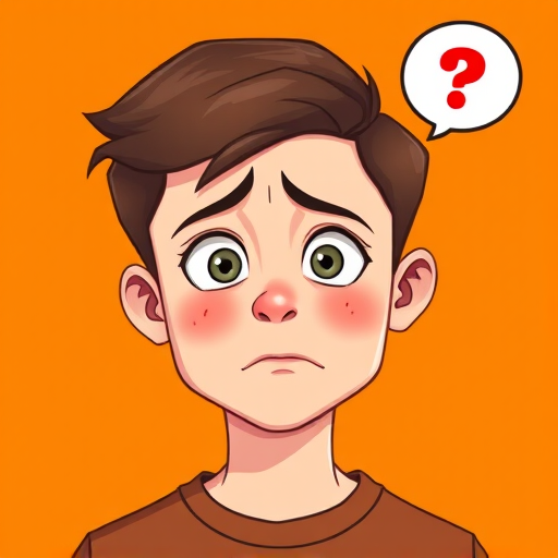 Create a digital illustration of a concerned boy with acne, featuring an expressive face and a speech bubble highlighting a pimple, in a vibrant orange background, using a Canon EOS R5 camera with a 50mm lens, aperture f/2.8, shutter speed 1/200s, ISO 100, in a high-resolution style, front view, flat design.