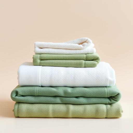 a minimalist still life of neatly folded towels in white, light green, and dark green colors, set against a soft beige background, shot with a Canon EOS R, 50mm lens, f/2.8 aperture, ISO 100, natural light for enhanced texture and detail