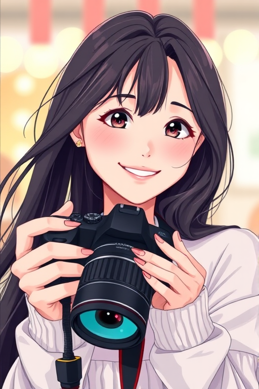 Generate a high-resolution digital illustration of a young woman with long dark hair holding a camera, smiling confidently, in a bright and cheerful background with sparkling elements, using a DSLR camera setup with a wide aperture (f/2.8), 50mm lens, natural lighting, and a slight bokeh effect.