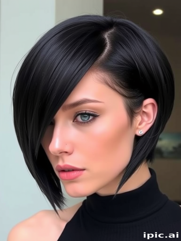 Sleek onyx black long bob with razor-sharp edges, the "Obsidian Blade" cut exudes power and confidence with its bold minimalist design