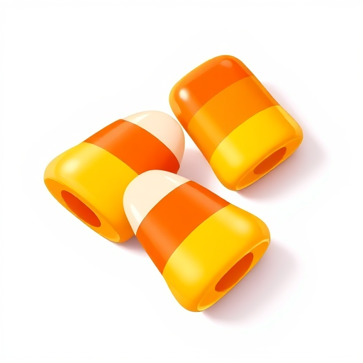 Create a highly detailed illustration of three pieces of candy corn with a vibrant color palette and smooth gradients, using a DSLR camera with a 50mm lens at f/2.8 to achieve a shallow depth of field, in studio lighting conditions with a clean white background.