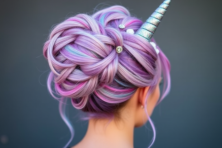 Mystical Unicorn Horn updo featuring a high, twisted bun with pastel purple, pink, and blue streaks, adorned with iridescent glitter and a decorative horn accessory