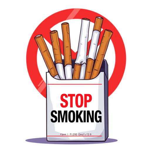 Create an illustration of a cigarette pack with several cigarettes sticking out, featuring a prominent "Stop Smoking" message, with a bold red no-smoking symbol in the background, captured in a high-resolution digital art style, using a 50mm lens, f/2.8 aperture, with a soft-focused background and vibrant colors.