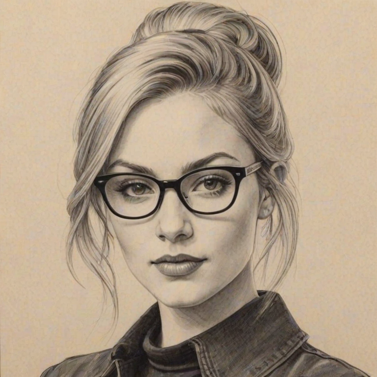 Appealing Alyvia Alyn Lind, pencil sketch, portrait of Superb woman 1976s in glasses, hair style beatnik, outline, clear lines, fine lines, 8k