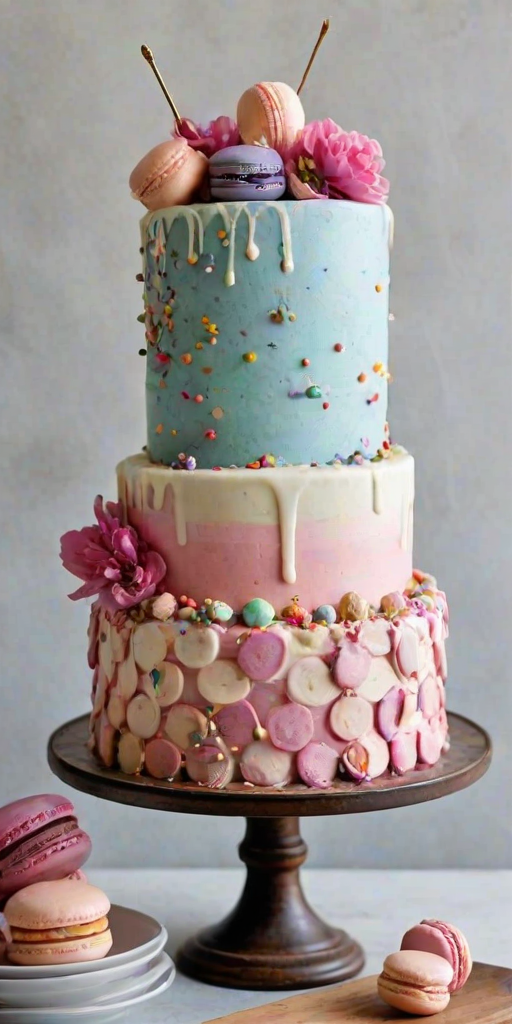 Create a whimsical multi-tiered cake with pastel shades of pink, blue, and purple. The cake should have chocolate drizzle cascading down the sides and be adorned with colorful macarons, edible flowers, and golden spherical decorations. On top, place an ice cream cone embellished with sprinkles and a cherry. Display the cake on a rustic wooden cake stand against a simple white background.