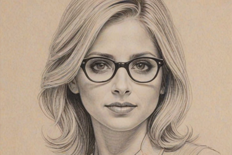 Enticing Sarah Michelle Gellar, pencil sketch, portrait of Captivating woman 1933s in glasses, hair style beatnik, outline, clear lines, fine lines, 8k