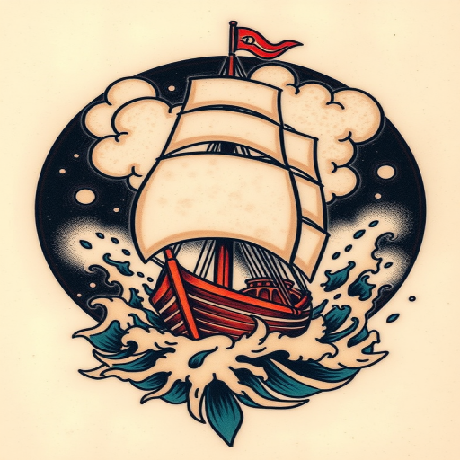 Old school traditional tattoo named "Sailor's Fortune" depicting a ship in stormy seas with bold outlines, limited color palette, and classic maritime imagery