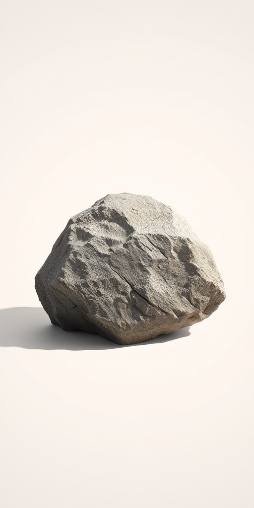 regenerate a detailed illustration of a textured rock on a plain background with soft lighting, using a Canon EOS R5, 50mm lens, f/2.8 aperture, ISO 100, image format RAW, focus on capturing shadows and highlights for a three-dimensional effect.