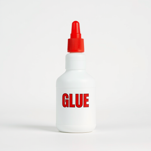 Create a high-resolution image of a white bottle of glue with a red cap and bold text "GLUE" on the front, with a clean background, shot in macro mode, ISO 100, aperture f/2.8, 50mm lens, soft lighting.