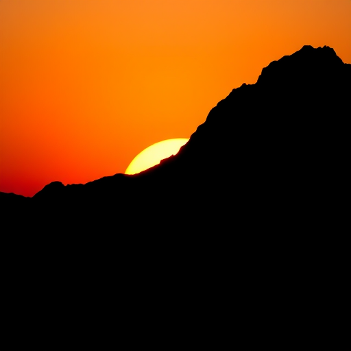 Create a high-resolution image of a stylized black silhouette of a mountain range against a sunset gradient background, captured with a Canon EOS R5, 50mm lens, f/1.8 aperture, ISO 100, and soft focus to enhance depth.