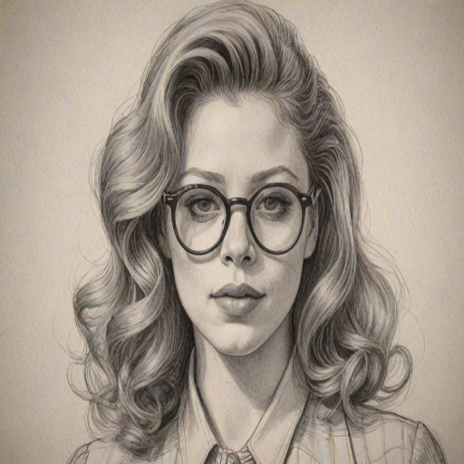 Ravishing Natasha Lyonne, pencil sketch, portrait of Elegant woman 1953s in glasses, hair style beatnik, outline, clear lines, fine lines, 8k