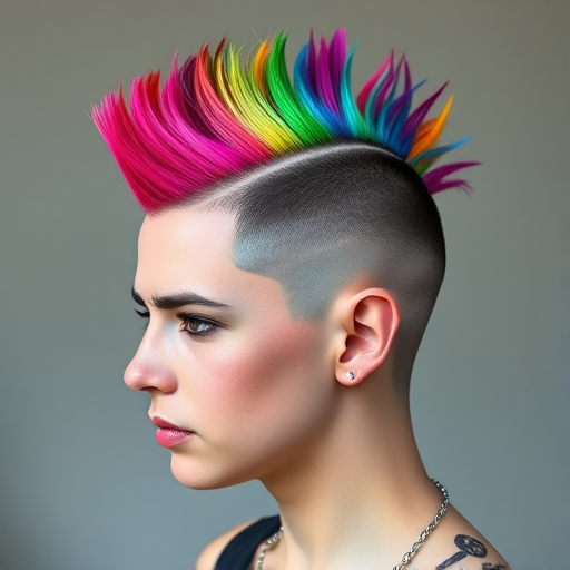 Punk-inspired hair style exhibiting a mohawk with shaved sides and a vibrant rainbow spectrum of colors through the longer center section