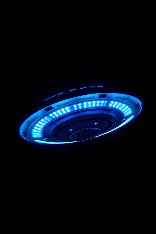 Create a high-resolution image of a futuristic flying saucer with vibrant blue lights hovering in mid-air against a dark background, using a DSLR camera with a 50mm lens, aperture f/2.8, ISO 100, and a shutter speed of 1/200 seconds, in a low-angle view for dramatic effect.