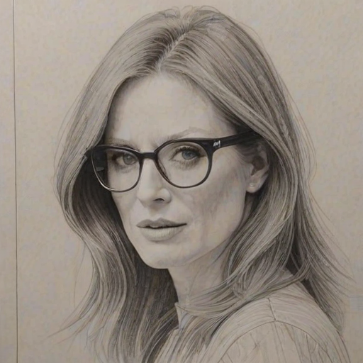 Pleasing Julianne Moore, pencil sketch, portrait of Lovely woman 1976s in glasses, hair style beatnik, outline, clear lines, fine lines, 8k
