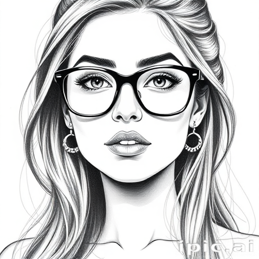 hot mia khalifa, pencil sketch, portrait of beautiful woman 60s in glasses, hair style beatnik, outline, clear lines, fine lines, 8k