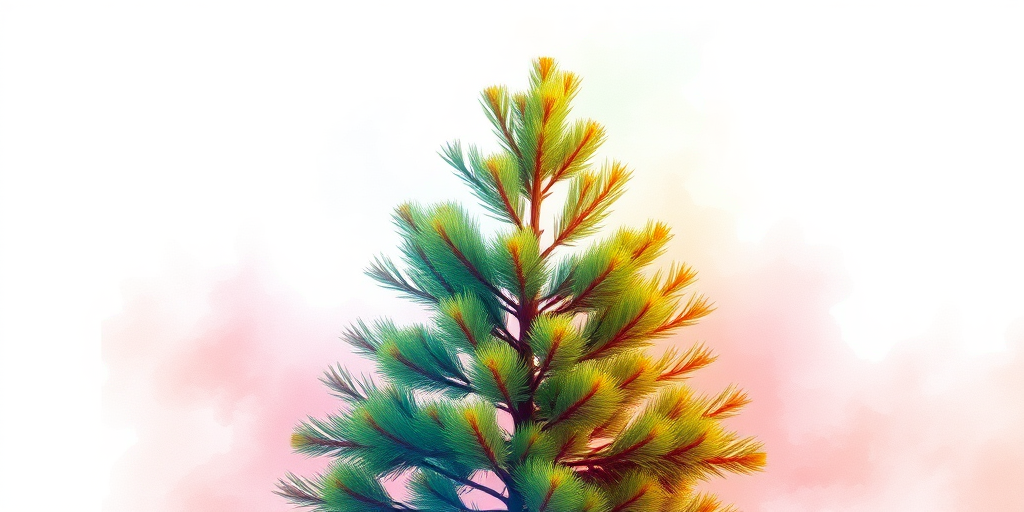 Create a vibrant watercolor painting of a pine tree with a soft pastel background, captured with a Canon EOS R5 at f/2.8, ISO 100, 50mm lens, using high dynamic range settings for enhanced detail and color saturation.