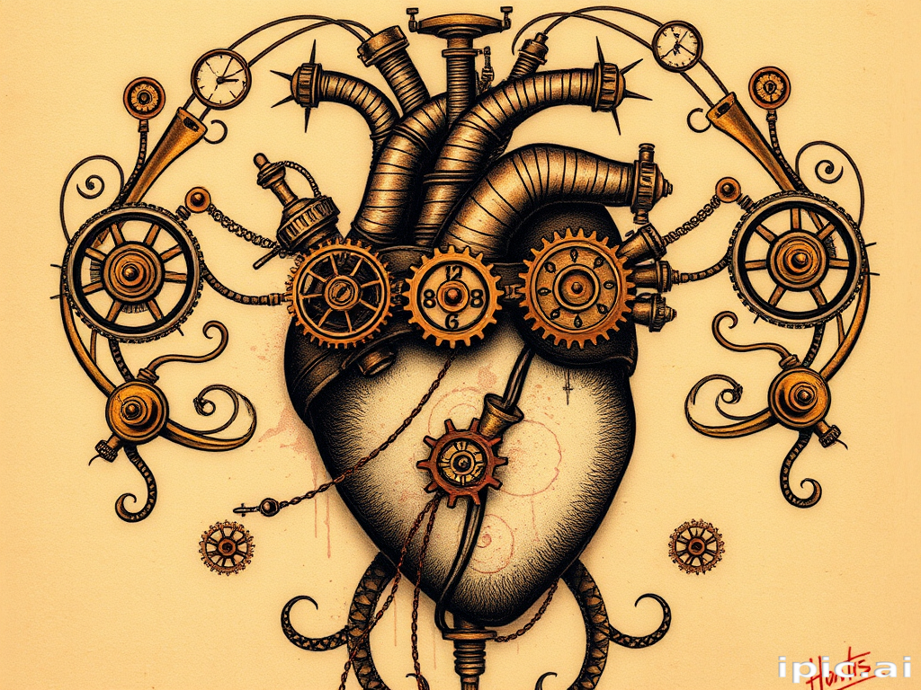 Steampunk-inspired tattoo called "Chronos Apparatus" depicting an intricate mechanical heart with gears, cogs, and pneumatic tubes, incorporating elements of Victorian-era design and industrial aesthetics, rendered in rich sepia tones with copper and brass accents